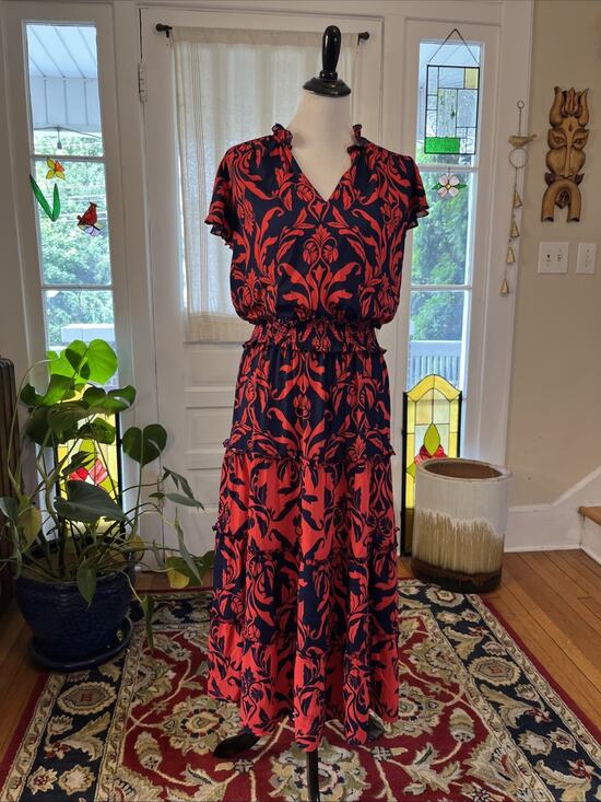 Chico's Dresses & Skirts - CHICOS Sz‎ 0 Maxi Dress US 4 S Flutter Sleeve Smocked Waist Damask Floral Tier